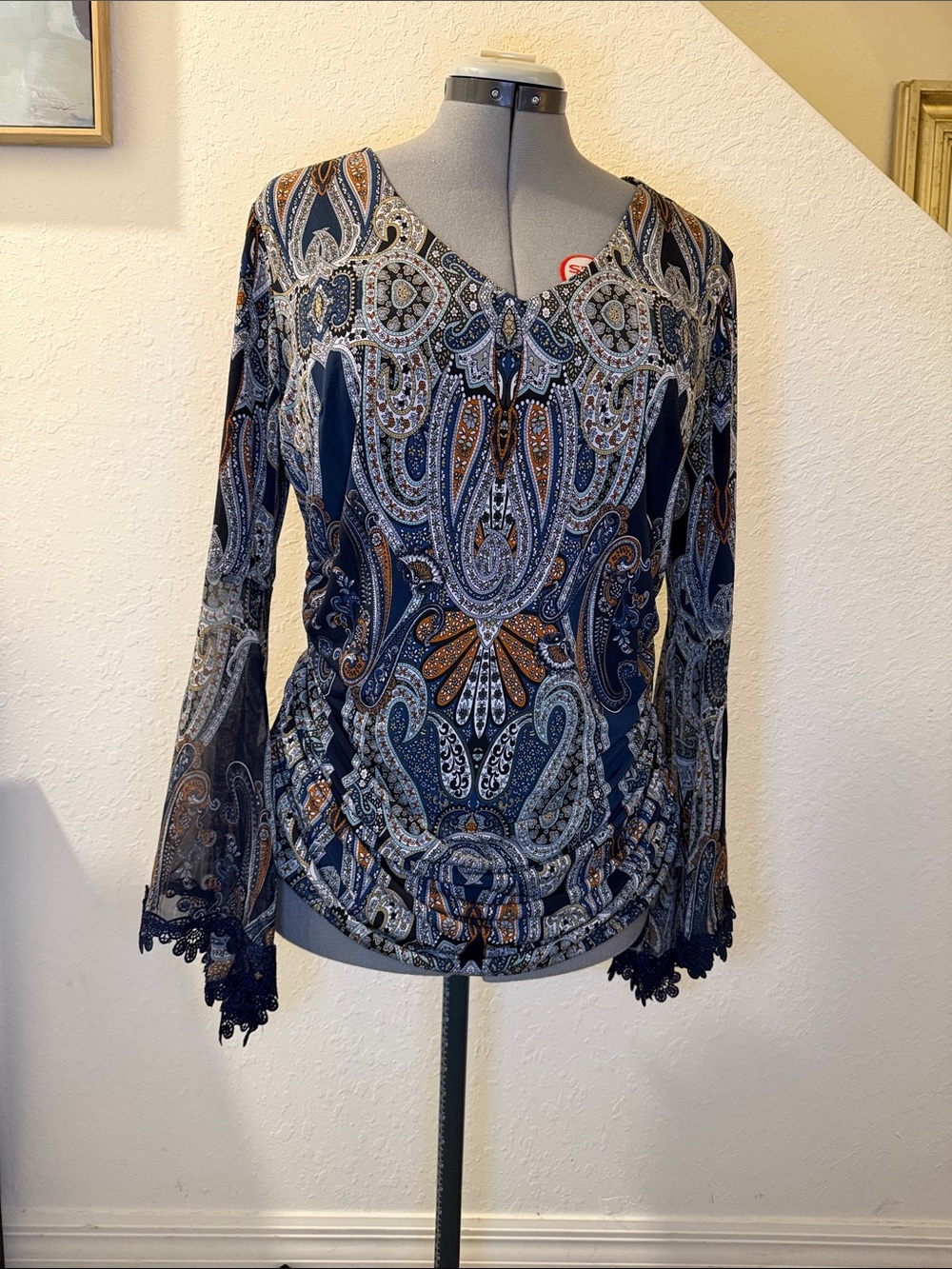 Coco Bianco Navy and Brown Paisley Lace-Trim Blouse
